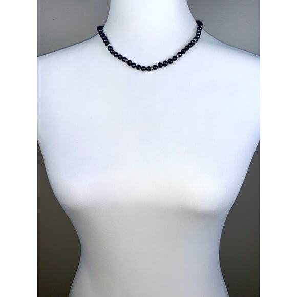 Navy and White Pearl Necklace - Dark Blue Pearl and Crystal  Vintage Bradford Exchange Dark Navy Blue Pearl and Crystal Necklace